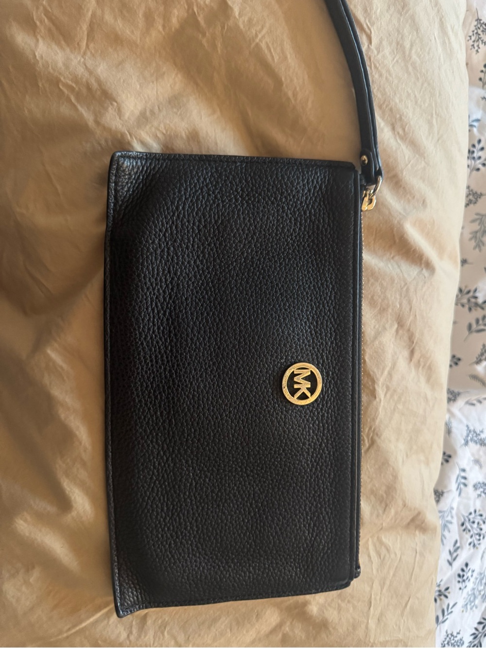 Michael Kors Black Pebbled Leather Wristlet with Gold MK Accent